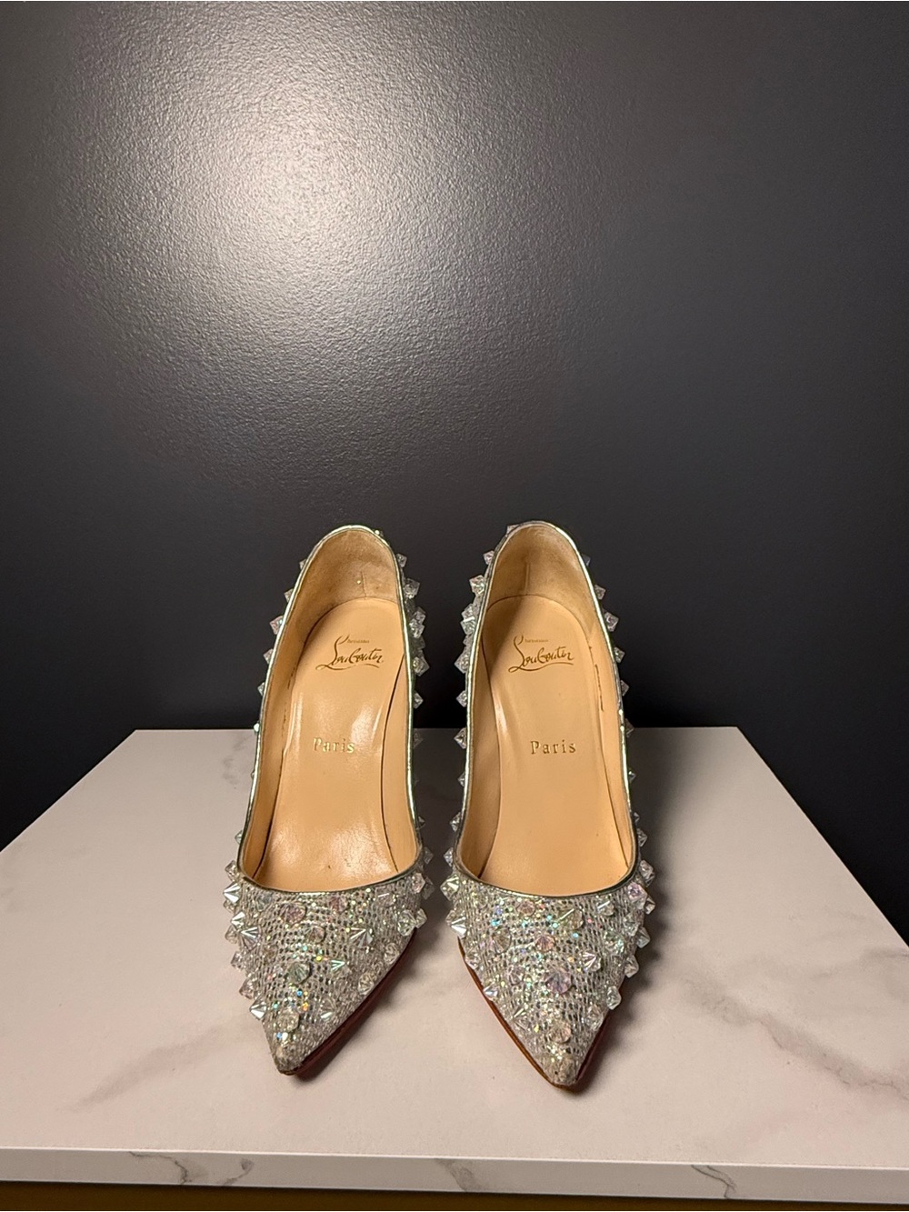 Christian Louboutin Silver Crystal Spike Pumps with Red Soles